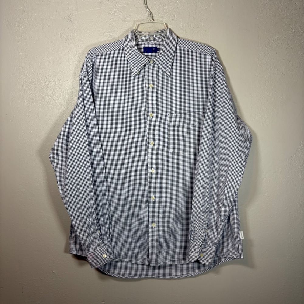 J.Crew Mens Large Gingham Button Down Shirt Navy White Long Sleeve Cotton L